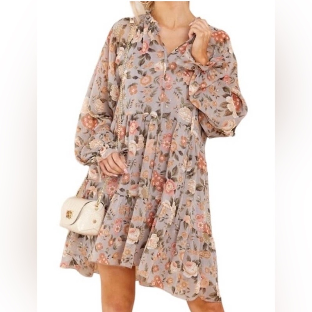 AURA Season Of Blooms Flowy Garden Rose Floral Print Tiered Skirt Dress Sz M